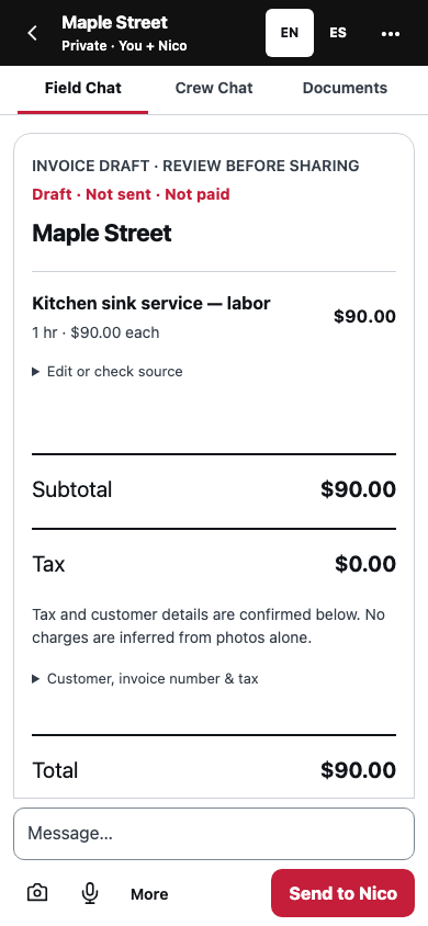 Illustrative Field invoice draft, not sent and not paid